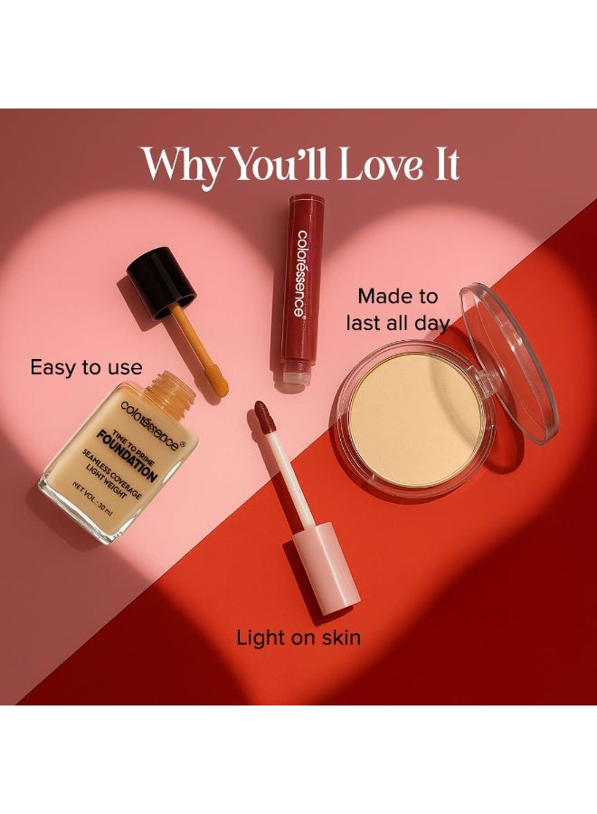 كالرسينس مجموعة مكياج الوجه Coloressence Glow Ritual المكونة من 3 قطع للنساء، مناسبة لـ Karva Chauth (للبشرة الفاتحة) | سهلة الاستخدام (بودرة مضغوطة، كريم أساس 30 مل، سائل السندور) - Image 2